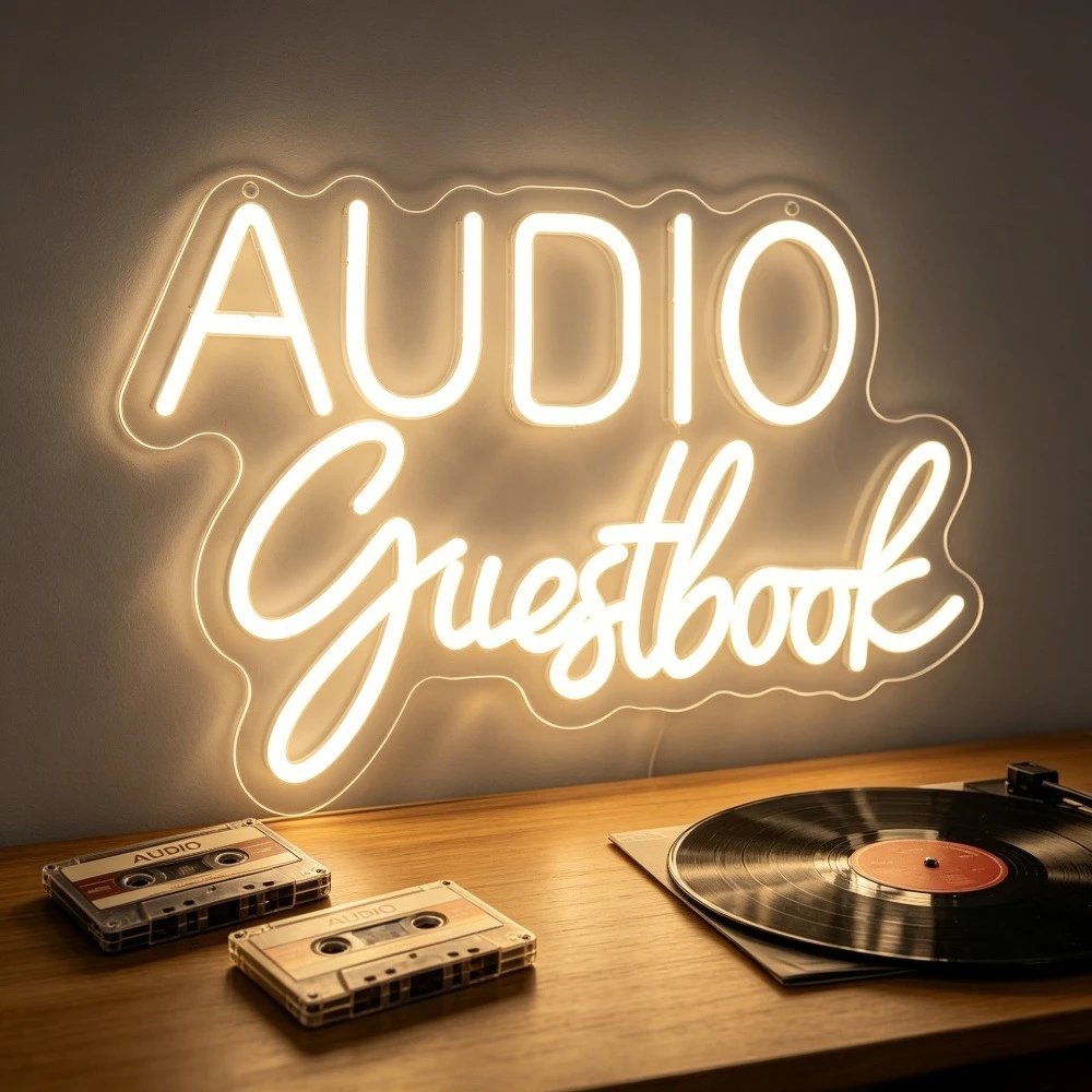 Audio Guestbook Neon Sign LED Light for Home Studio Bar Decor USB Rechargeable Night Light Modern Acrylic Wall Art Gift
