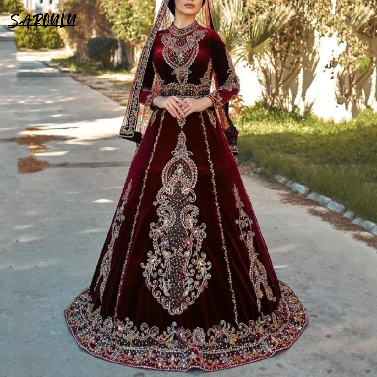 

Jeweled High Neck Caftan Prom Dress Turkish Long Sleeve Velvet Party Gown Arabic Traditional Robe فساتين السهرة Vestidos De Gala