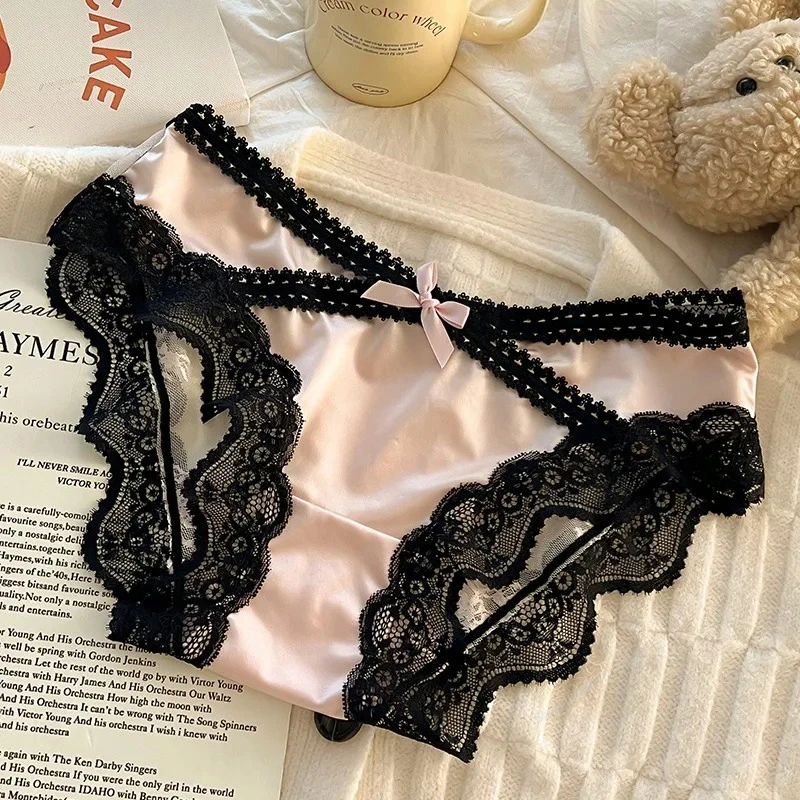 

Satin Panelled Lace Briefs Sexy Women's Underwear Low-rise Panties Soft Briefs Comfortable Lingerie Трусы Женские