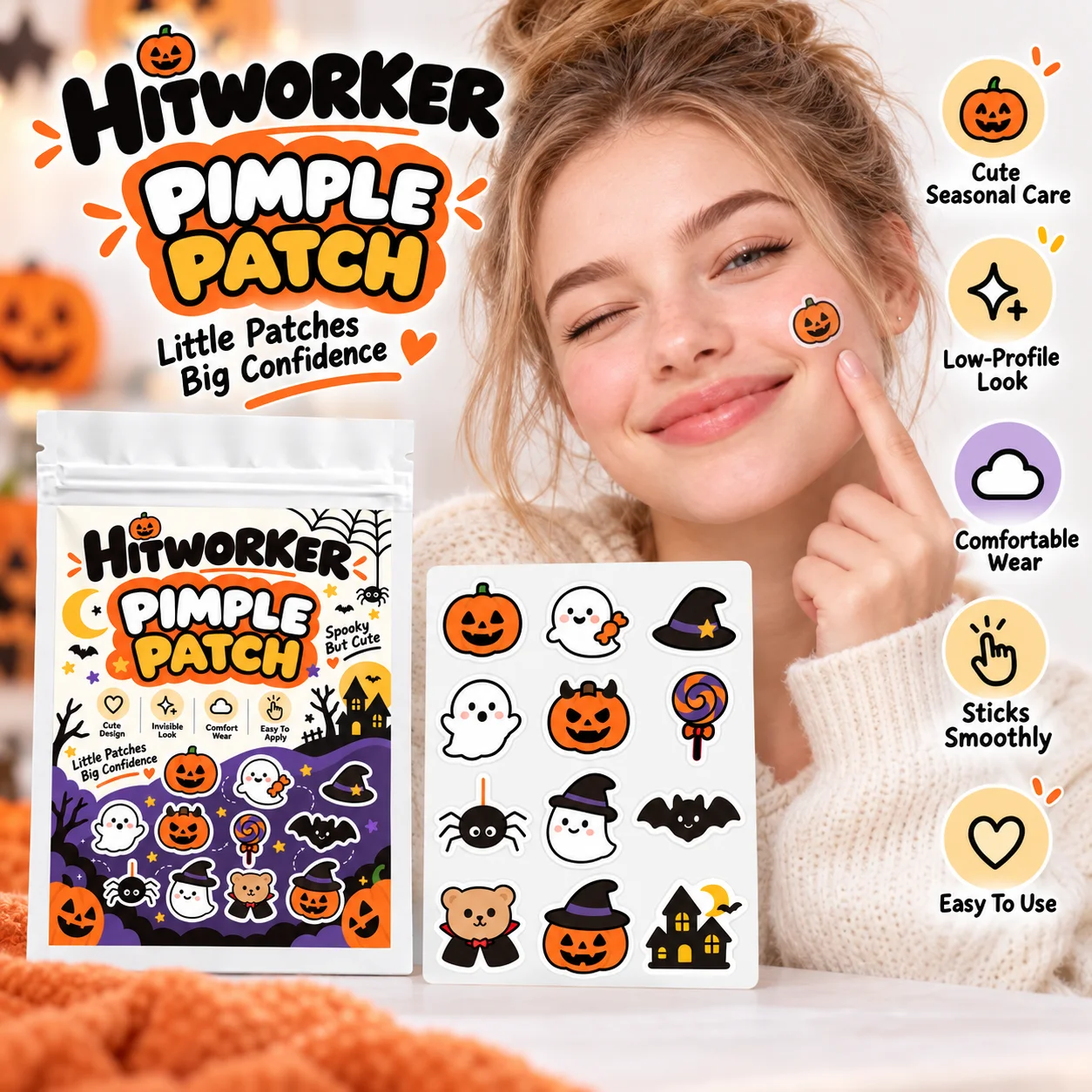 Hitworker Halloween Cute Pimple Patches Ghost Pumpkin Bat Hydrocolloid Acne Spot Stickers Gentle Skin Care 48/120PCS view 5