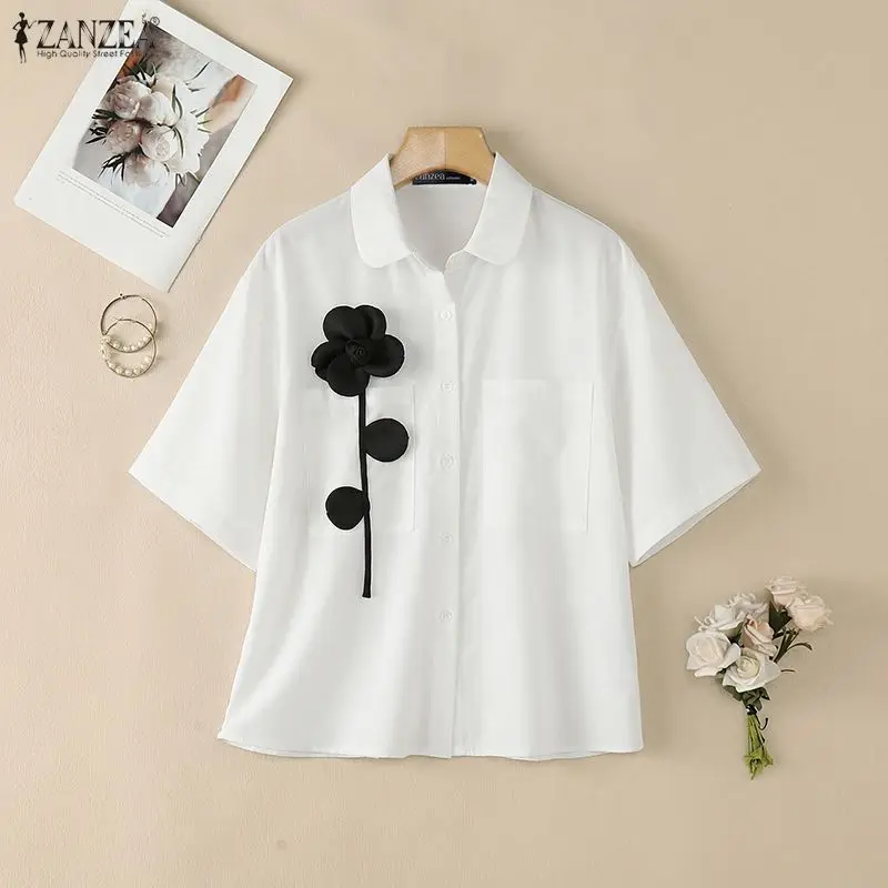Stylish Summer Shirt 2026 ZANZEA Women Flower Blouse Lapel Neck Short Sleeve Tops Casual Work Shirt Holiday Buttons Up Blusas view 2
