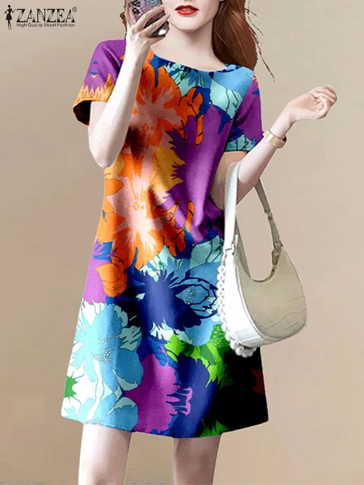 2024 ZANZEA Fashion Summer Bohemian O Neck Short Sleeve Flroal Printed Knee-length Dress Women  Holiday Sundress Party Vestido