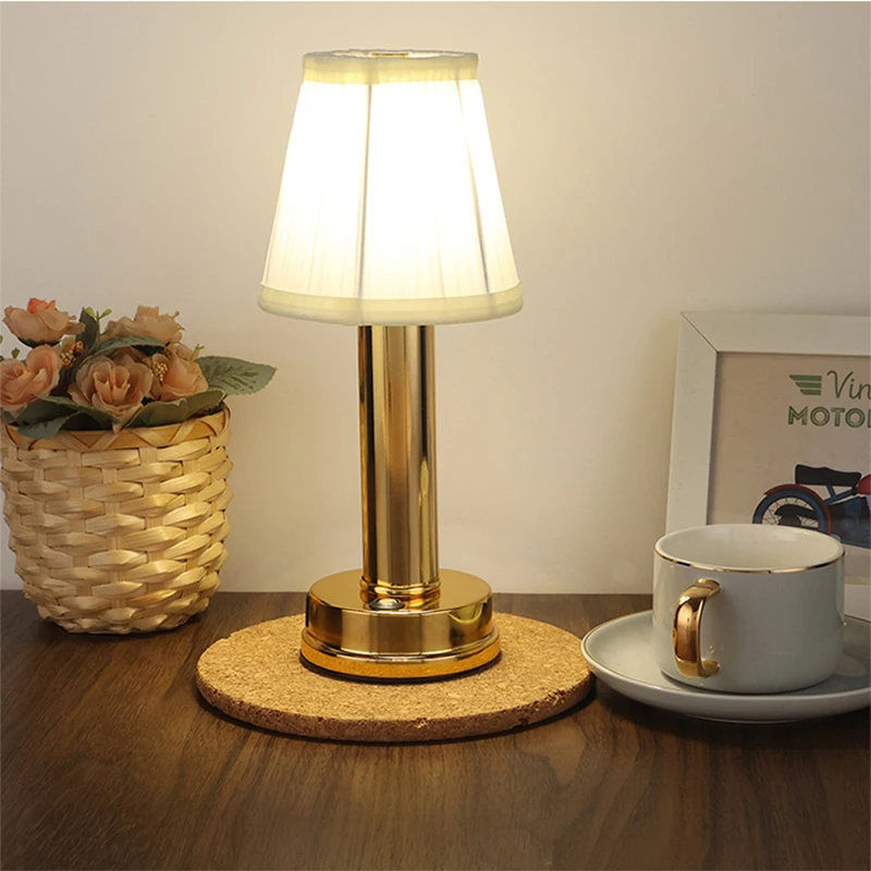 Rechargeable Metal Fabric Cloth Shade Table Lamp Touch Control Dimming Restaurant Cordless Dinning Table Light