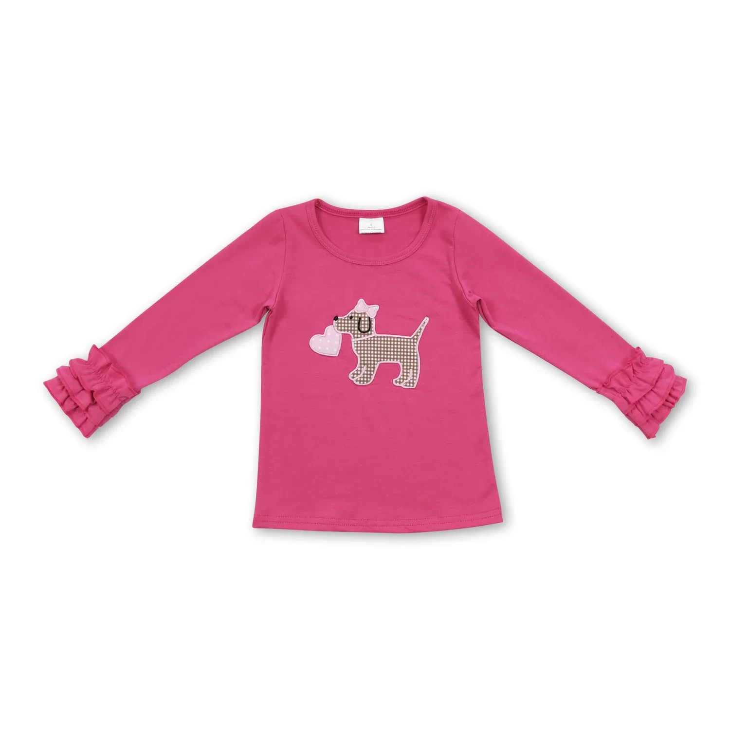 

Baby Girls Long Sleeve Hot Pink Valentine's Day Tee Shirt with Ruffle Sleeves And Dog Heart Design Cute Baby Outfit for Girls
