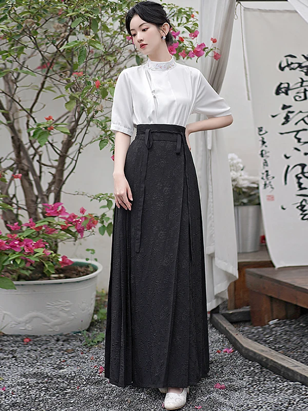 

New Chinese Sle irt And Hanfu Skirt Set Traditional National Faion Two-Piece Suit Commute Artistic Slim Fit Five-Quarte...