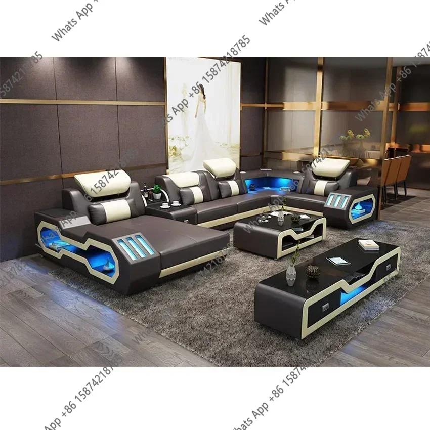 SM LED Lighted Sofa Set with Recliner, Speaker & USB Ports | Genuine Leather Sectional Couch with Console & Adjustable Headrests