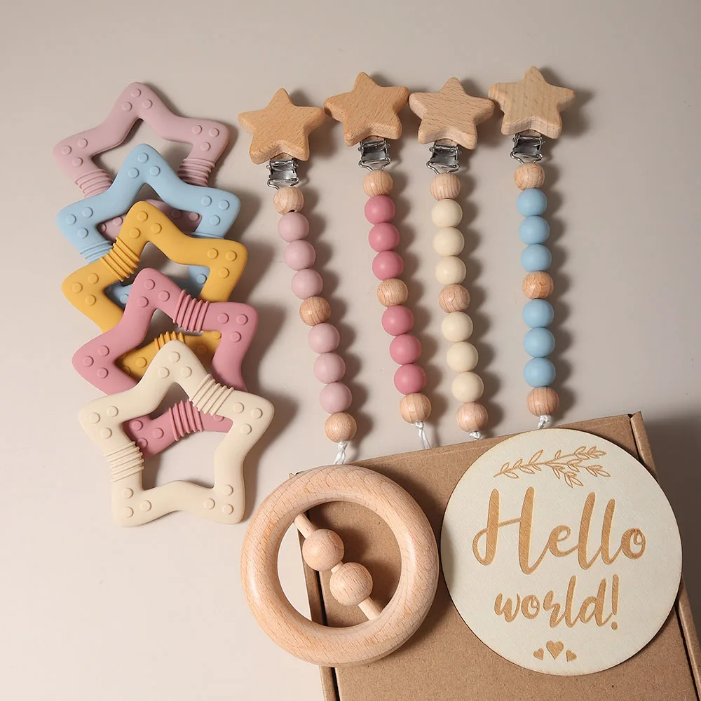 New born baby gift set silicone star teether wooden rattle Photography props