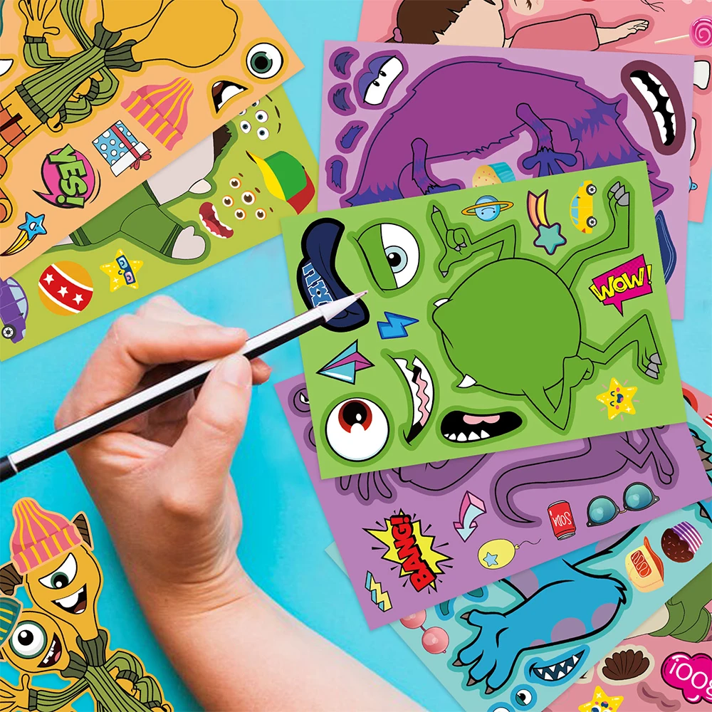 

8/16sheets Monsters University Anime Puzzle Stickers Funny Make a Face DIY Game Children Cartoon Assemble Jigsaw Toy Party Gift