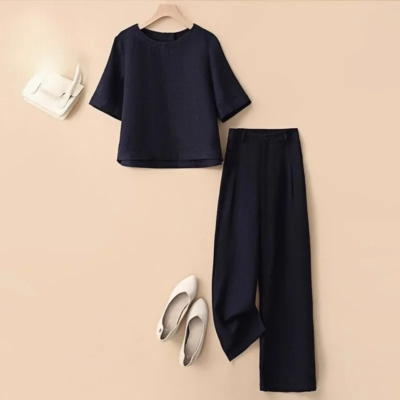 

Women's Linen 2-Piece Set Short Sleeve Top High Waist Wide Leg Pants Casual Outfit