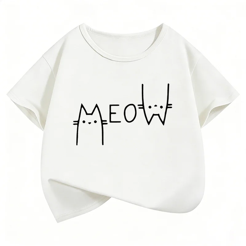 Meow Cat Graphic Kids Tshirts Summer Short Sleeve Tees Cartoon Animal Boys Girls Clothes Kawaii Kitten Tops Y2K Children T-shirt