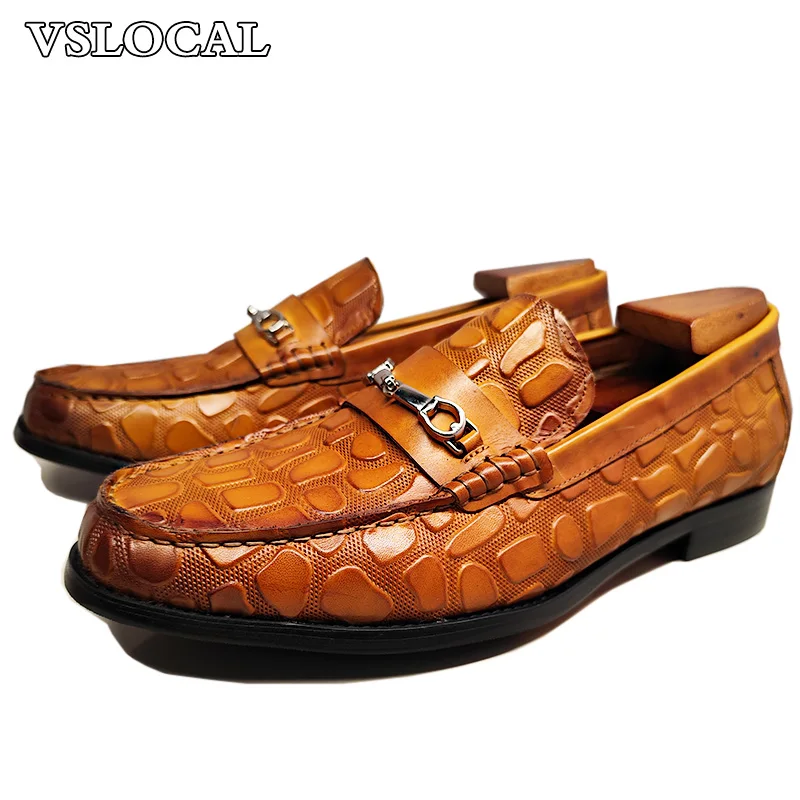 

Luxury Brand Men Leather Shoes Brown Slip On Strong Stone Prints Casual Mens Dress Shoes Wedding Banquet Loafers For Men