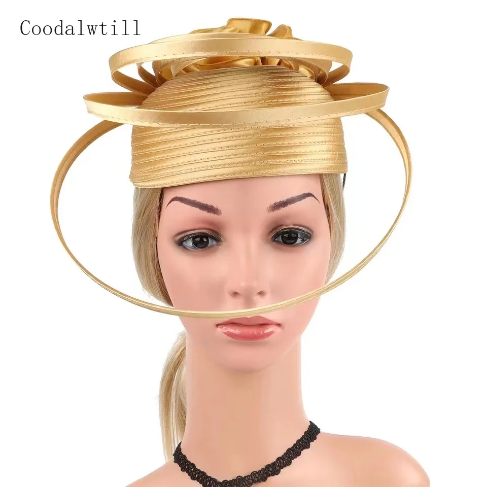 New Gold Fascinator Kentucky Wedding Pillbox Cap Women Church Tea Party Fedora Hat Satin Flower Big Chapeau Femme Ladies