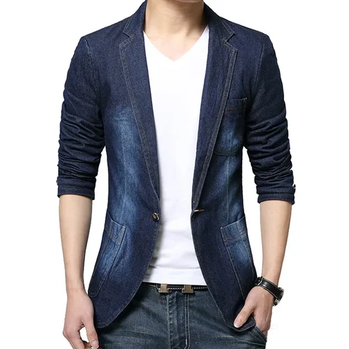 Nuevo Blazer vaquero para hombre, chaqueta de traje Vintage de algodón a la moda para hombre, abrigo azul 4XL, chaqueta vaquera para hombre, Blazers vaqueros ajustados y gordos