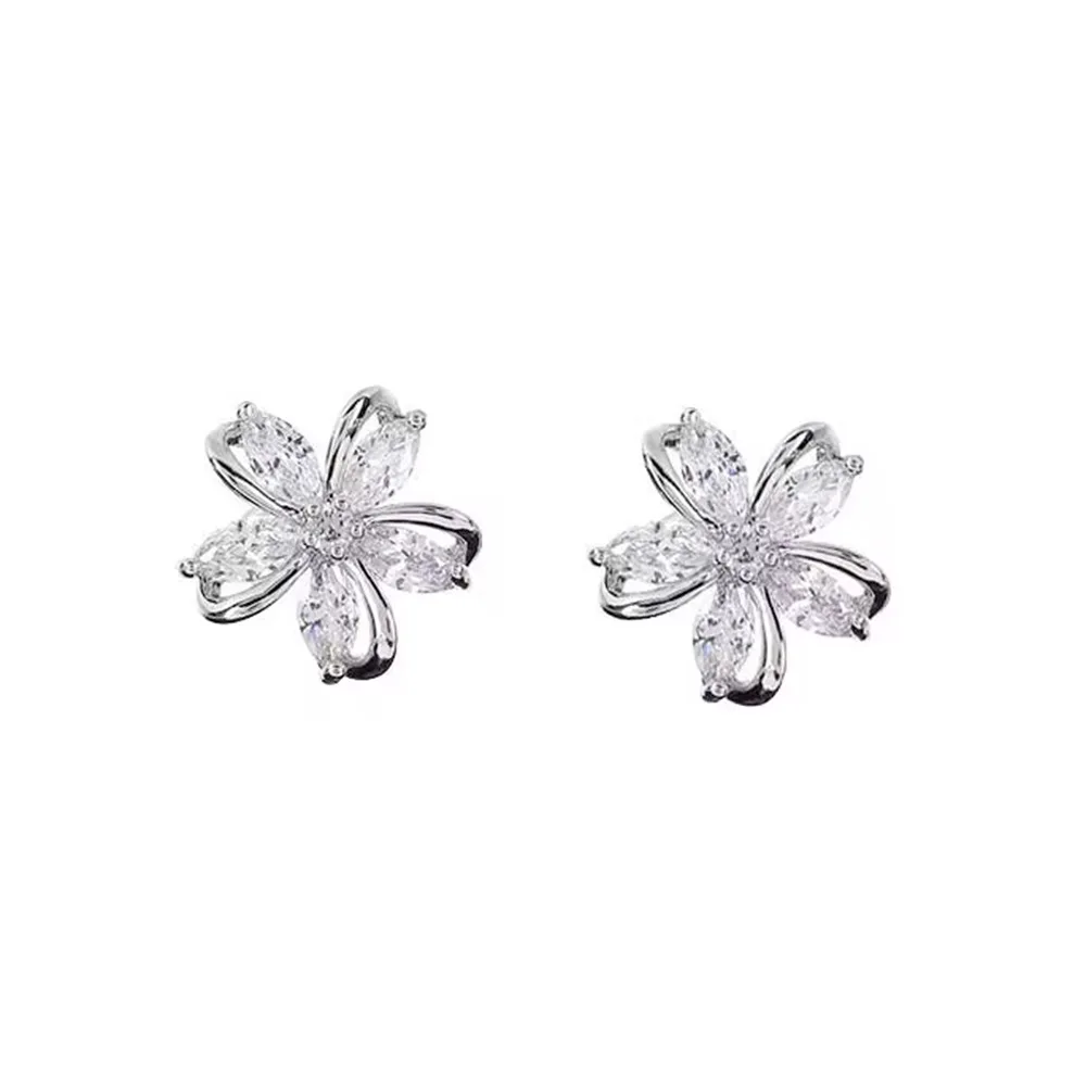 925 Sterling Silver Crystal Sweet Five-petaled Flowers Stud Earrings for Women Wedding Party Jewelry Gift Pendientes Mujer Moda