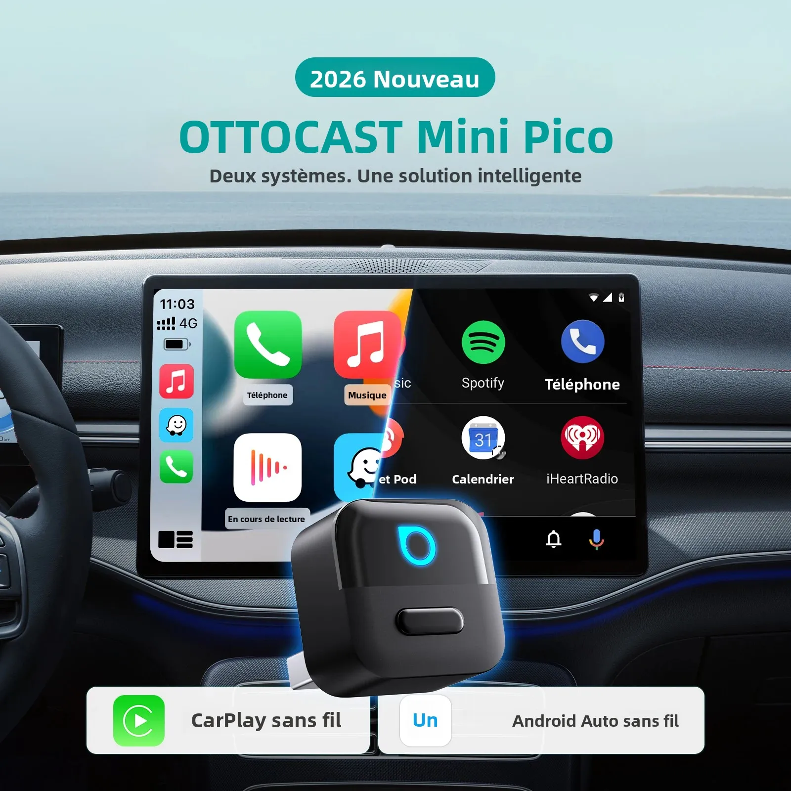 Adaptateur sans fil OTTOCAST Mini Pico 2 en 1 CarPlay et Android Auto Wifi 6.0 Plug and Play pour 98% des voitures