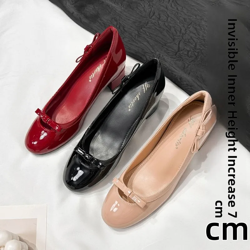 

eepskin Version 7cm Heightening Wine Red Bow Knot Chunky Heel Mary Janes Commuter oes Gentle Single oes for Women