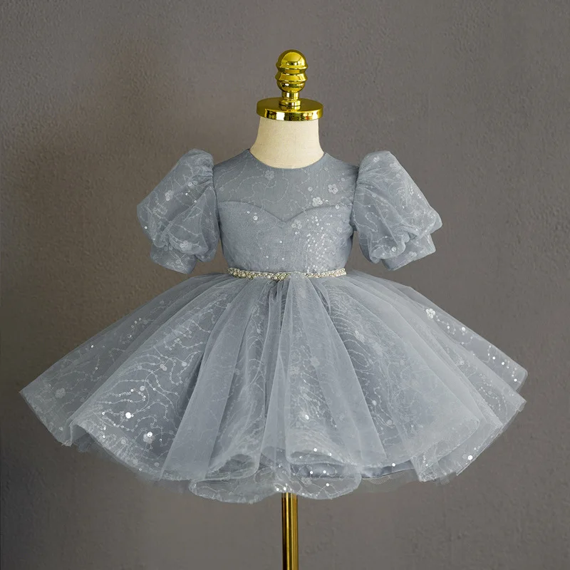 1st Birthday Party Girl Baby Dress Luxurious Sequin Grey Pearl Bubble Sleeve Bow Princess Tutu Dress Flower Girl Wedding Dress