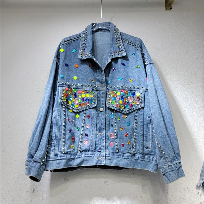 

Vintage Fashion Beaded Diamonds Pocket Blue Short Jeans Jacket Women 2024 Spring Lapel Long Sleeve Casual Loose Cowboy Outerwear