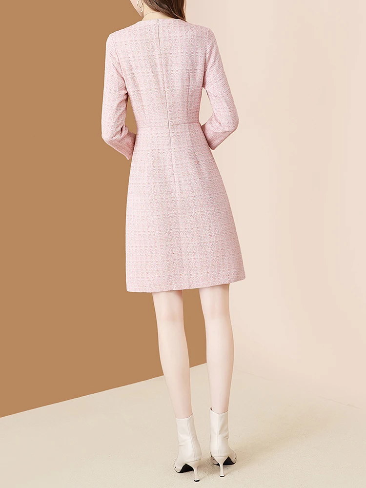 EVNISI Pink Dress For Women Tweed Patchwork Knitted Peter Pan Collar Dresses Office Lady Plaid Vestidos 2022 Autumn And Winter