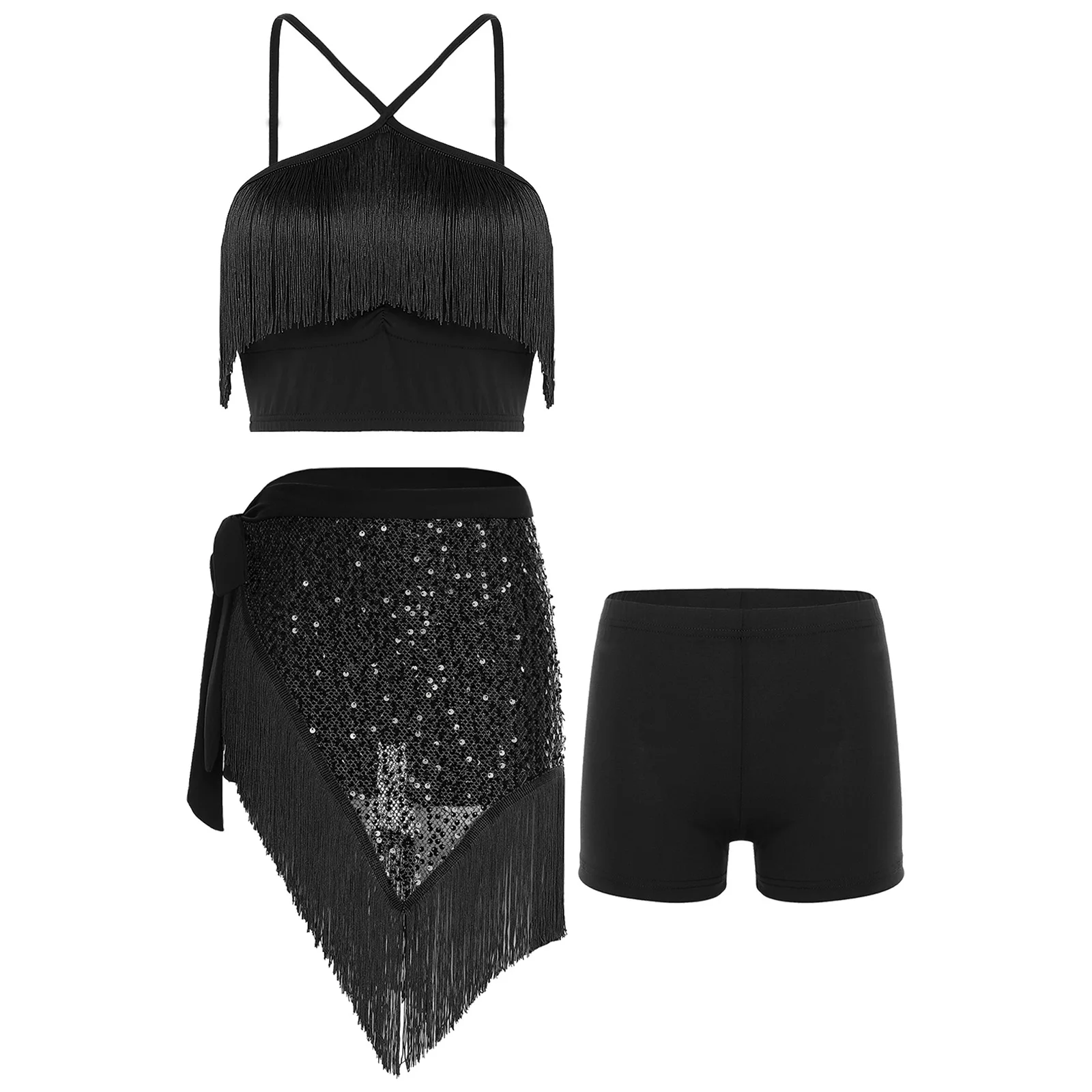 

Элегантный женский костюм для танца живота, укороченный топ с кисточками, защитные шорты и блестящий шарф на шнуровке с блестками для фигурного катания