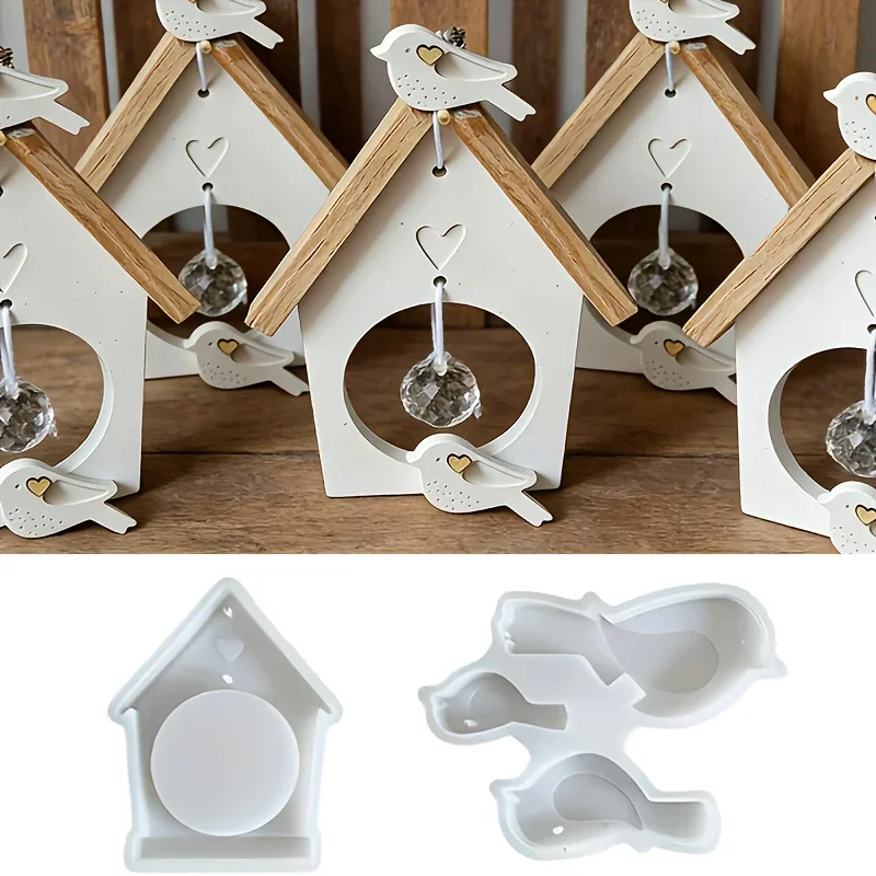 2pcs Silicone Birdhouse and Bird Pendant Molds Epoxy Resin Pourable Heart-Shaped Birdhouses Bird-Shaped Pendants for Home Decor