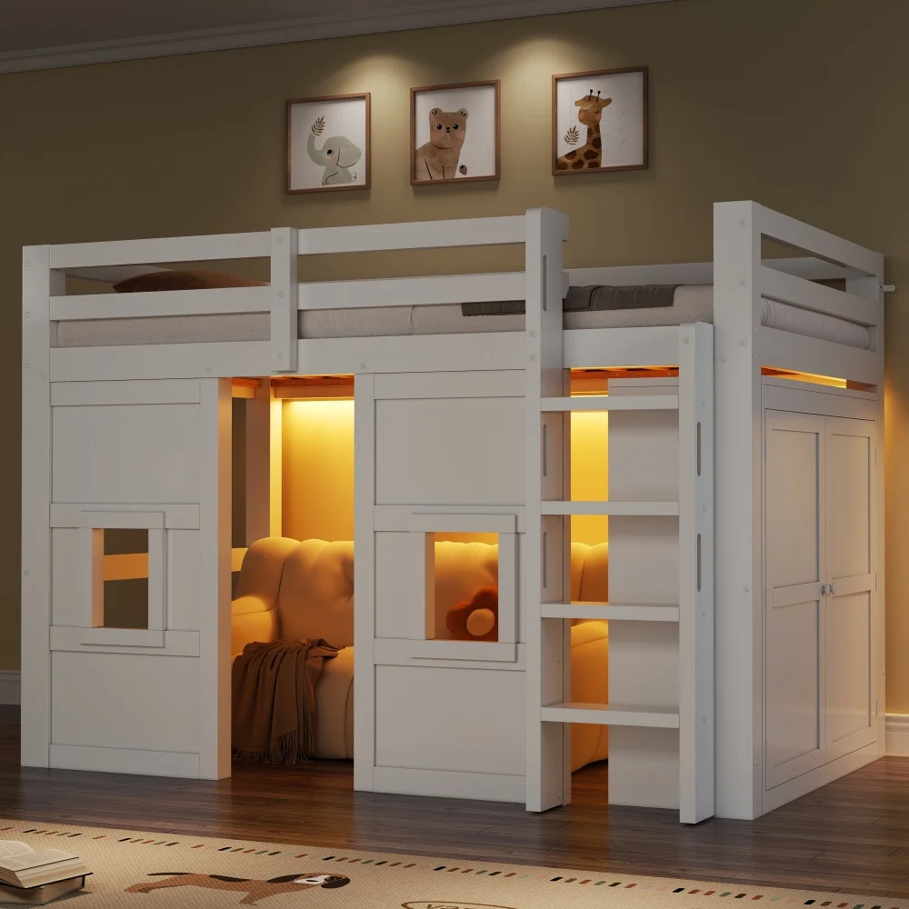 Cama litera infantil de madera blanca con armario integrado, ventanas decorativas dobles e iluminación LED, cama infantil resistente que ahorra espacio