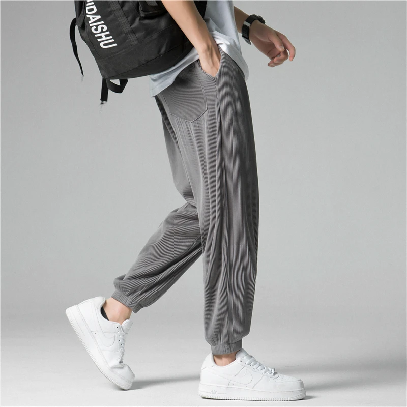 

Summer Cool Ice Silk Draped Men Pants Breathable Korean Fashion Calf Length Trousers Male Soft Joggers Thin Quick Dry Streetwear