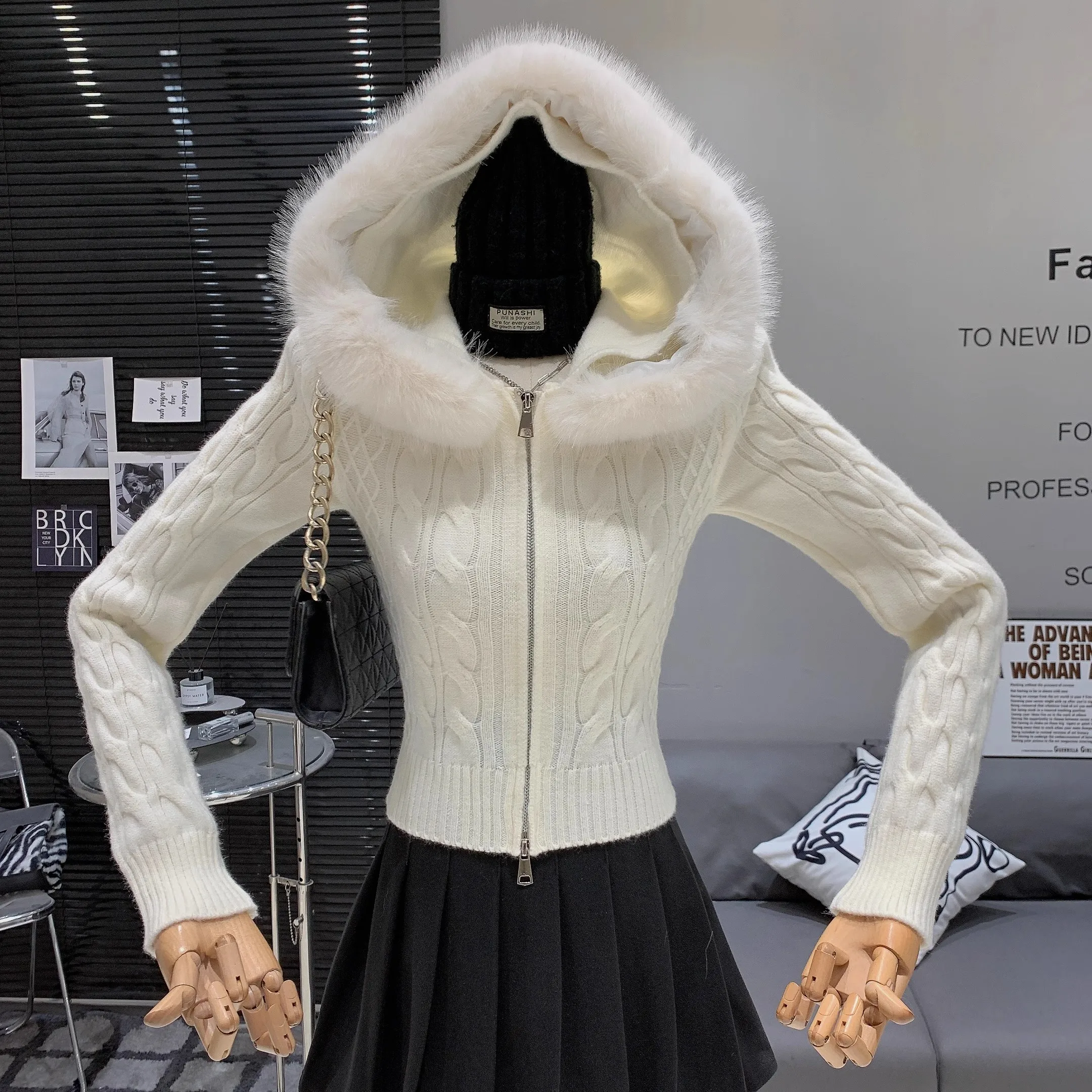 

Y2K Style Fur Hooded Cardigan Women Autumn Winter Long Sleeve Sweater Knitted Top Outwear Jumpers