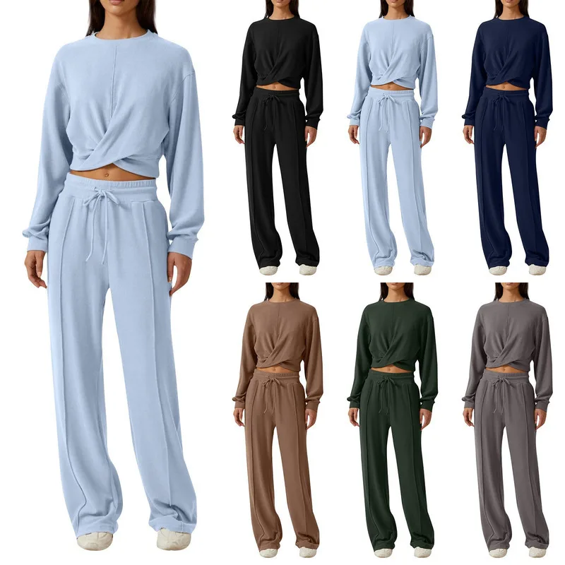 Women's Round Neck Long Sleeve Set Elastic Waist Tie Solid Color Wide Legs Leisure Vacation Comfortable Warm Women Pant Set