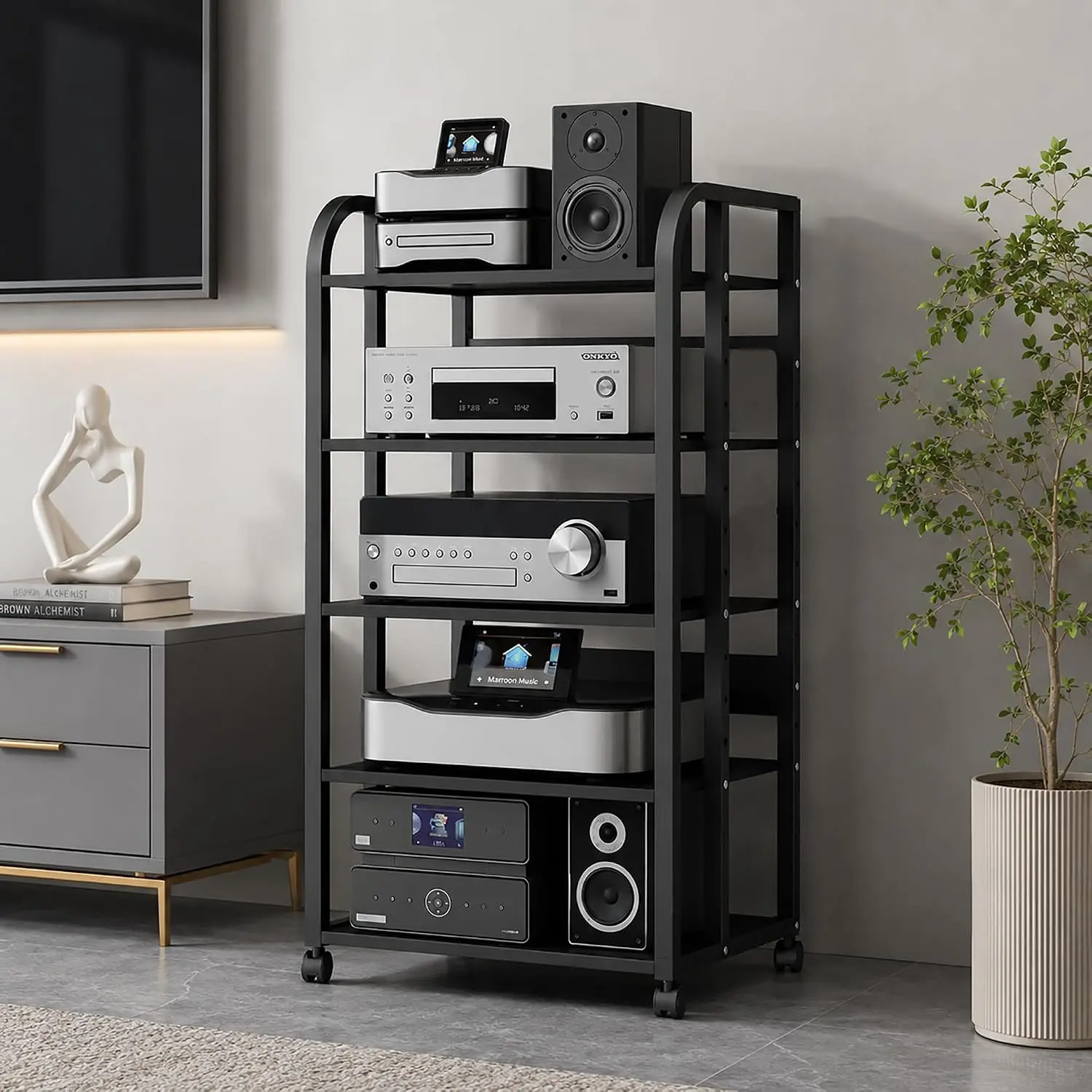 5 Tier Av Media Stand with Wheels, 39in Adjustable Audio Rack | Modern Stereo Cabinet Receiver Console Shelf, Audio Component Ra