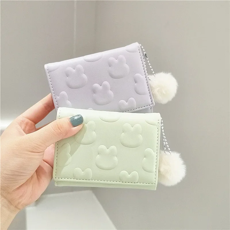

Women Short Cute Wallet Foaming Printing Rabbit Coin Purse Hairy Ball Pendant Three Fold Card Holder Girl Cartoon Clutch