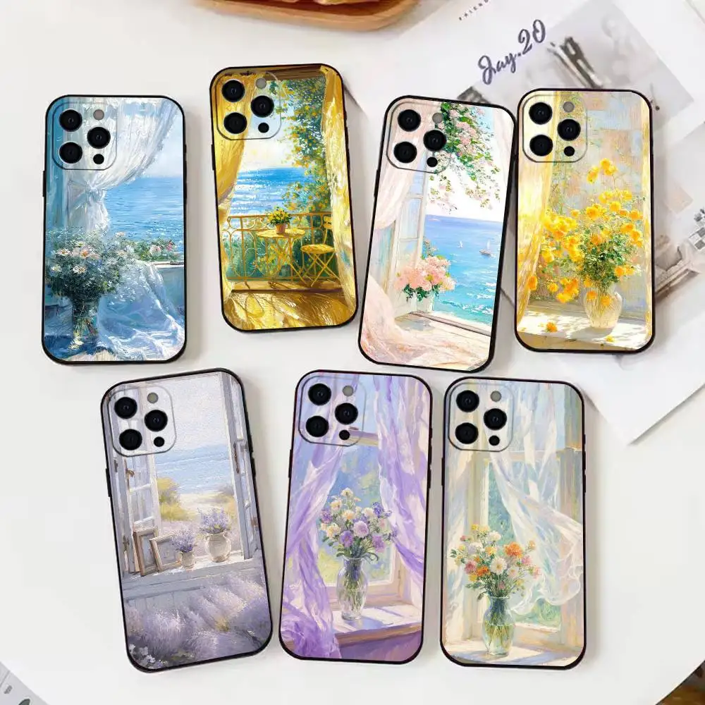 

Sun-Kissed Window Blooms Phone Case For iPhone 17,16,15,14,13,12,11 X XR Plus,Soft Silicone Black Cover