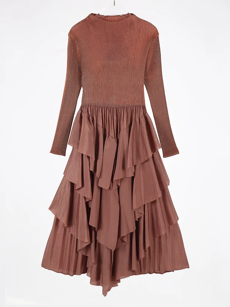 Moda sólida em camadas vestidos irregulares primavera feminino o pescoço manga comprida vestido plissado outono cintura alta magro na altura do joelho vestido