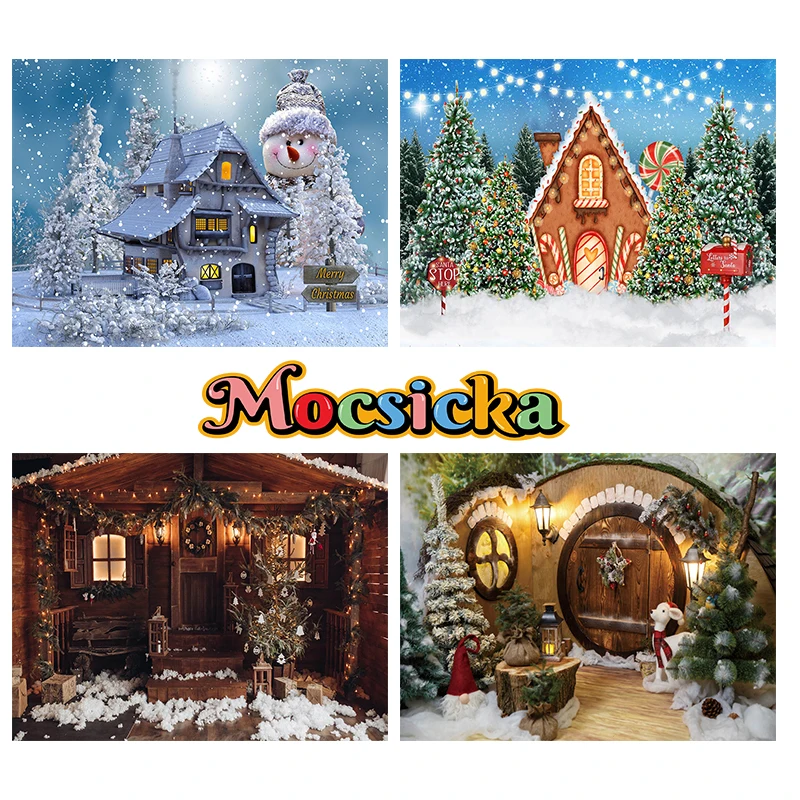 

Mocsicka Winter Christmas Fairy Tale Room Decoration Photography Background Xmas Tree Lamps Snowman Backdrops Photobooth Props