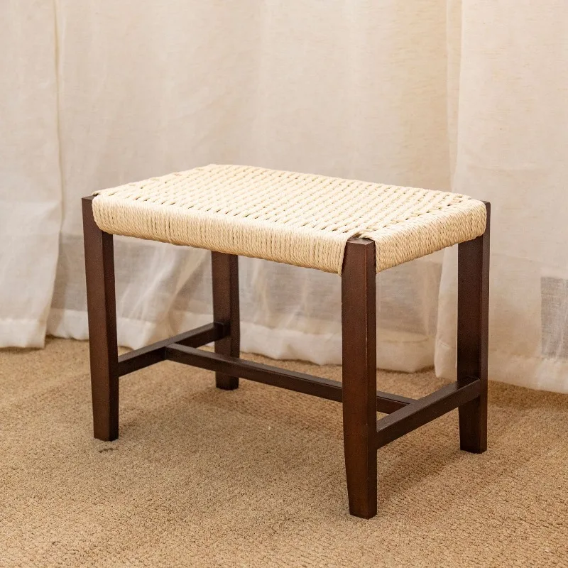 Solid Wood Woven Footstool, Retro Handcrafted Woven Stool, Vintage Ottoman Foot Rest for Living Room, Rustic Woven Bench
