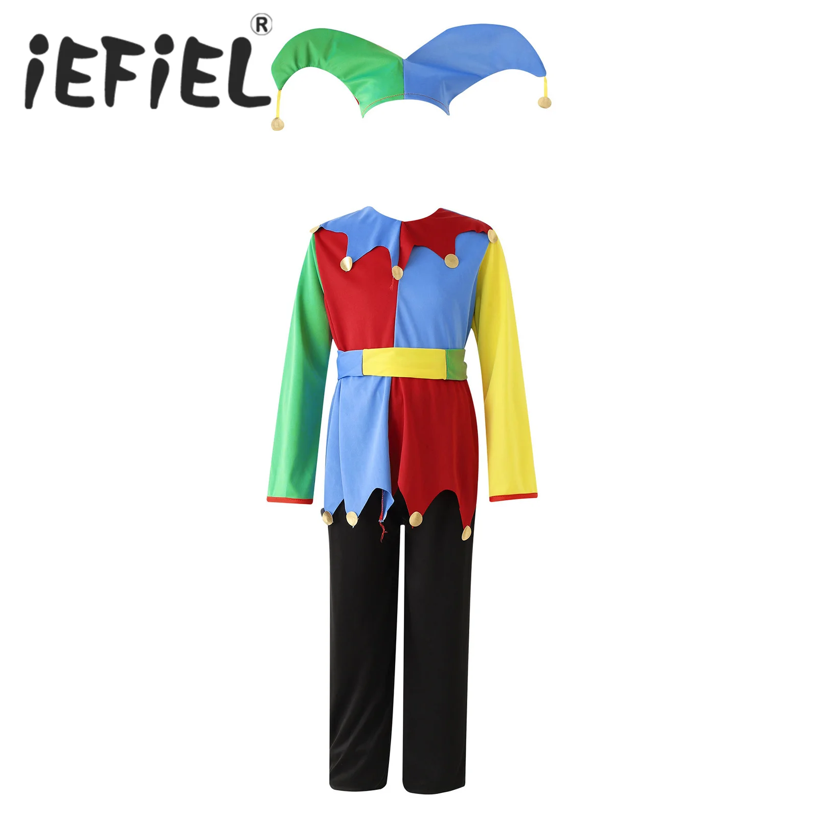 Kid Girls Boys Circus Clown Costume Color Block Patchwork Cosplay Dress with Hat Pants Set Halloween Carnival Performance Outfit