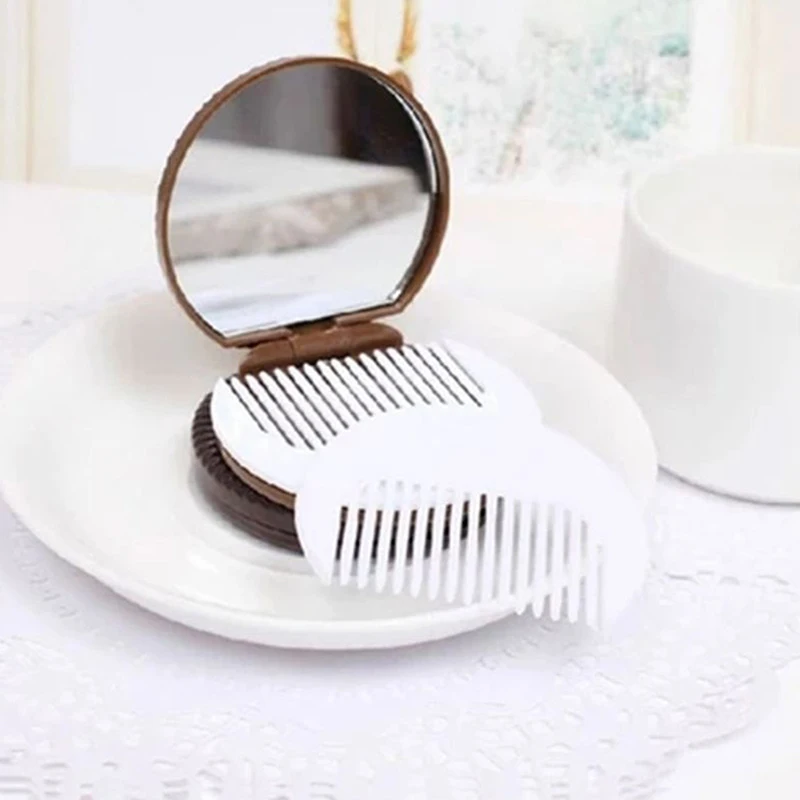 Portable Mini Pocket Mirror With Comb Brown Cute Chocolate Cookie Shaped Design Mirror Makeup Chocolate Folding Comb Makeup Gift