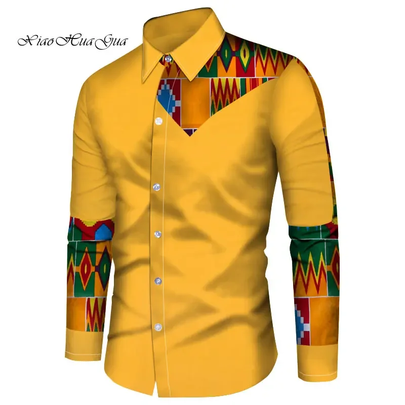 Custom African Print Clothing Men Patchwork Shirt Long Sleeve Dashiki Shirts Mens Slim Fit African Clothes Plus Size 6XL WYN966