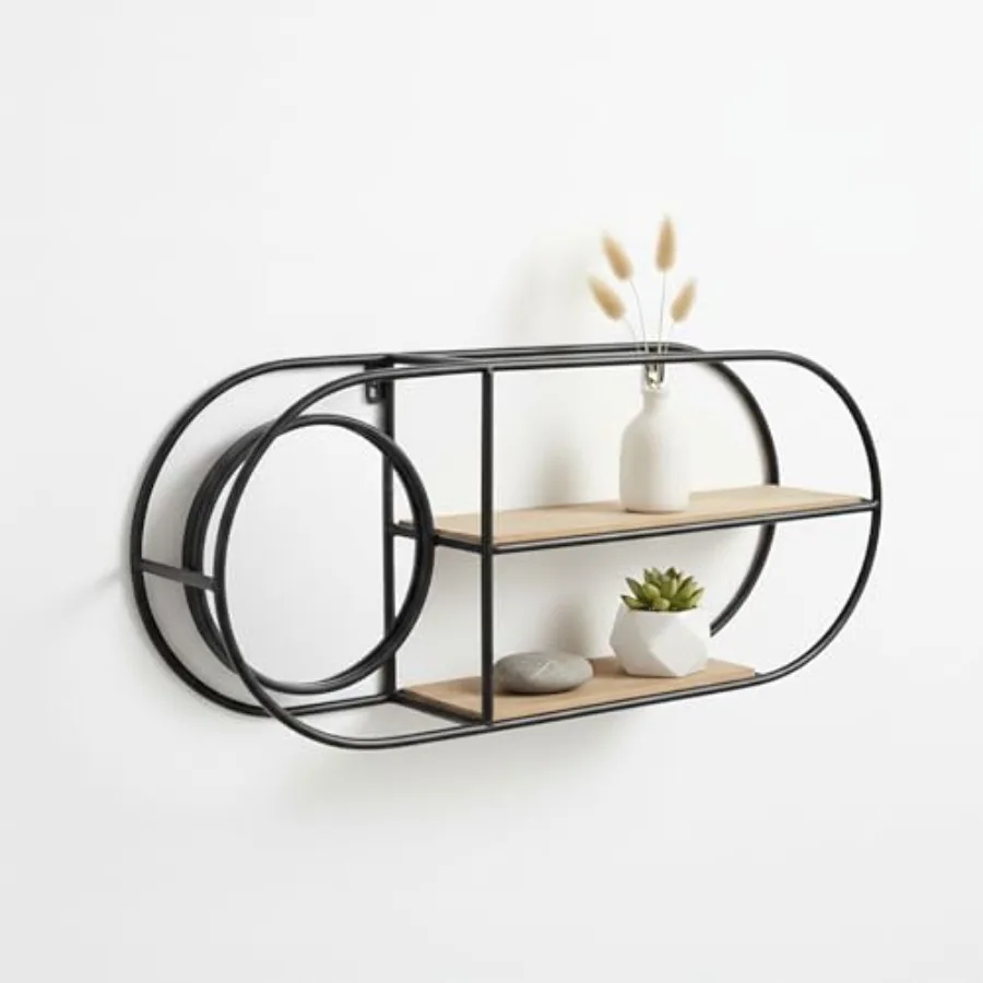 Metal And Wood Wall Shelf Storage Shelf With Mirror And Open Shelves, Entryway Or Bathroom Wall Home Decor, Industrial Wall Org