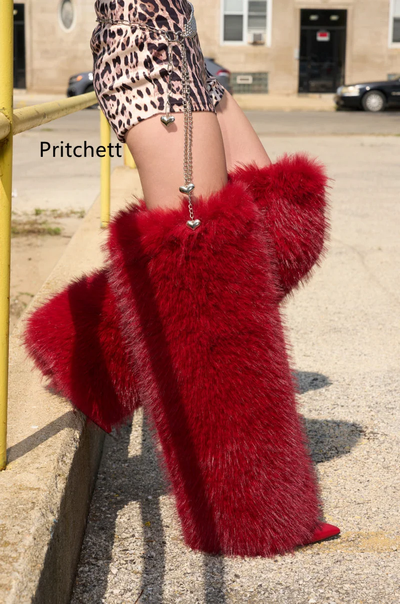 

Red Black Fluffy Fur Knee High Boots for Women Pointy Toe Stiletto High Heels Long Boots Solid Colors Runway Winter Warm Shoes