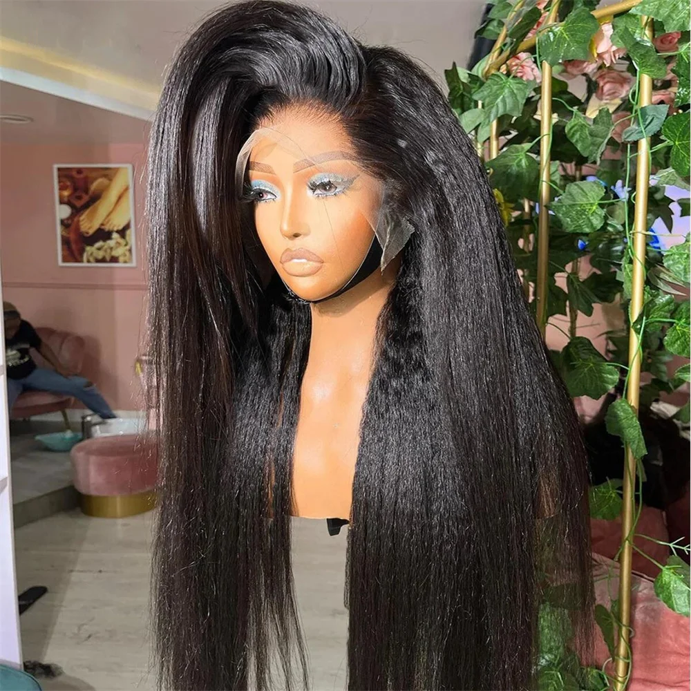 Long Yaki Kinky Straight Soft 26Inch Preplucked Natural Black Lace Front Wig For Women With Baby Hair Synthetic Glueless Daily