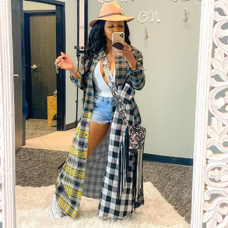 Casual Colorful Plaid Patchwork Long Shirt Coat 2023 Autumn and Winter New Fashion Turn-down Collar Single Breasted Cardigan
