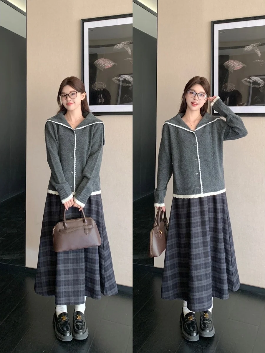 

plus Size Knitted Lace Patchwork Collar Women's Sweater Autumn Winter Grey Fashion Set with Half Skirt Polyester Fiber