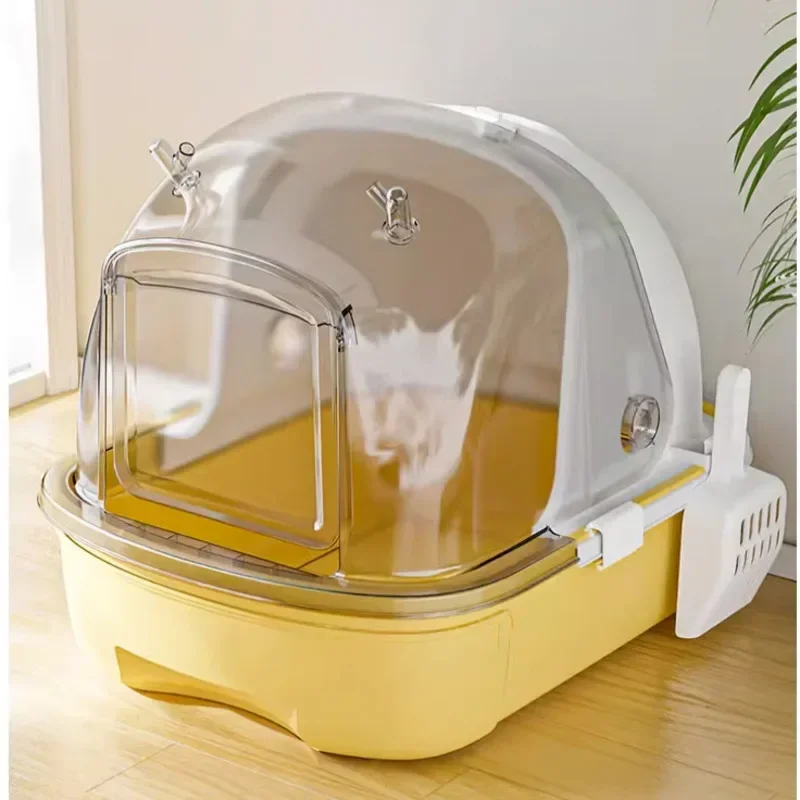 Fully Enclosed Toilet for Cats, Transparent, Visible Cat Box, Lifting Cover Design, Cat Litter Box, Anti Odor Splash Litter Tray