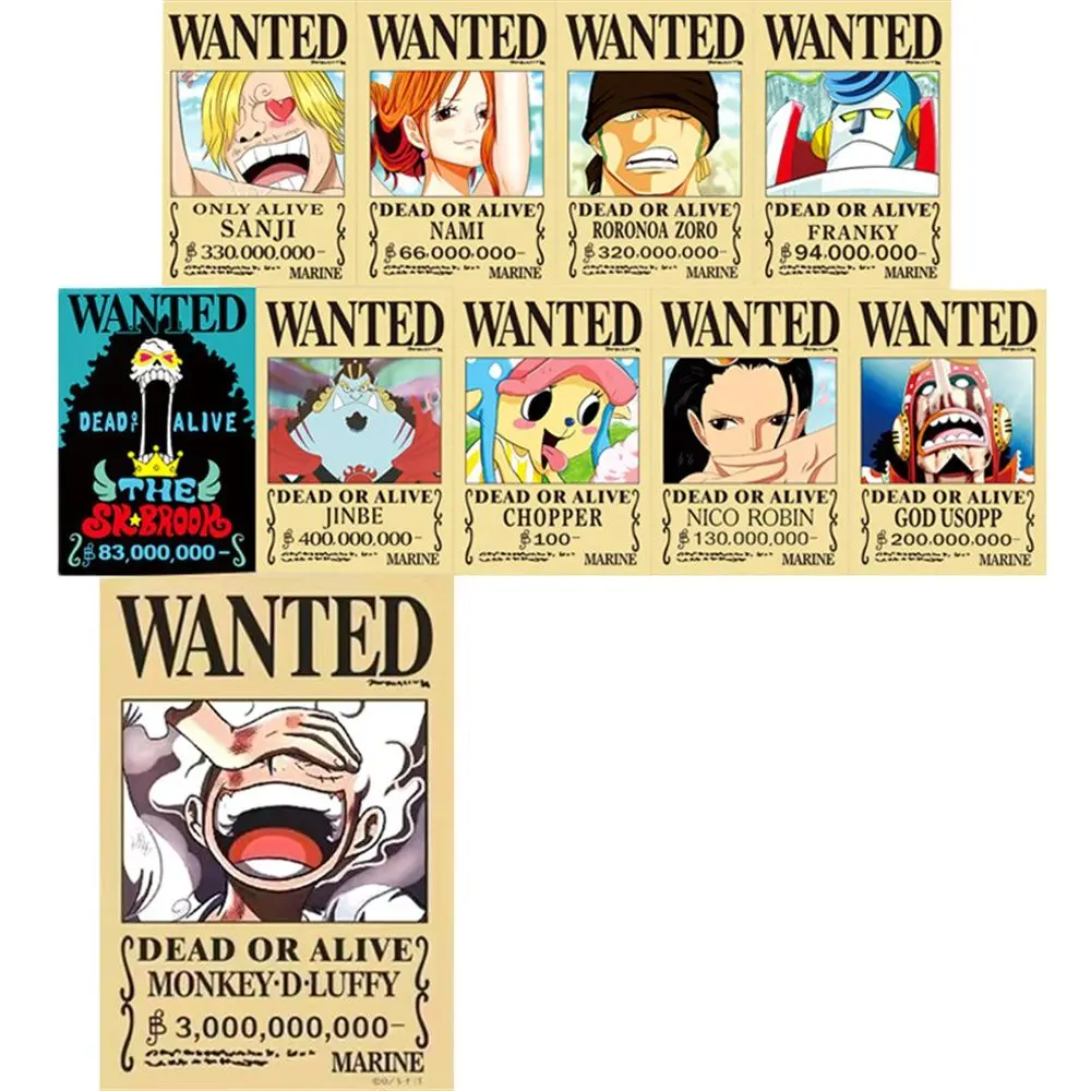 Anime One Piece Wanted Poster Luffy Sanji Nami Robin Jinbe Usoop Brook Franky Chopper Zoro Posters Figures Boys Room Decoration