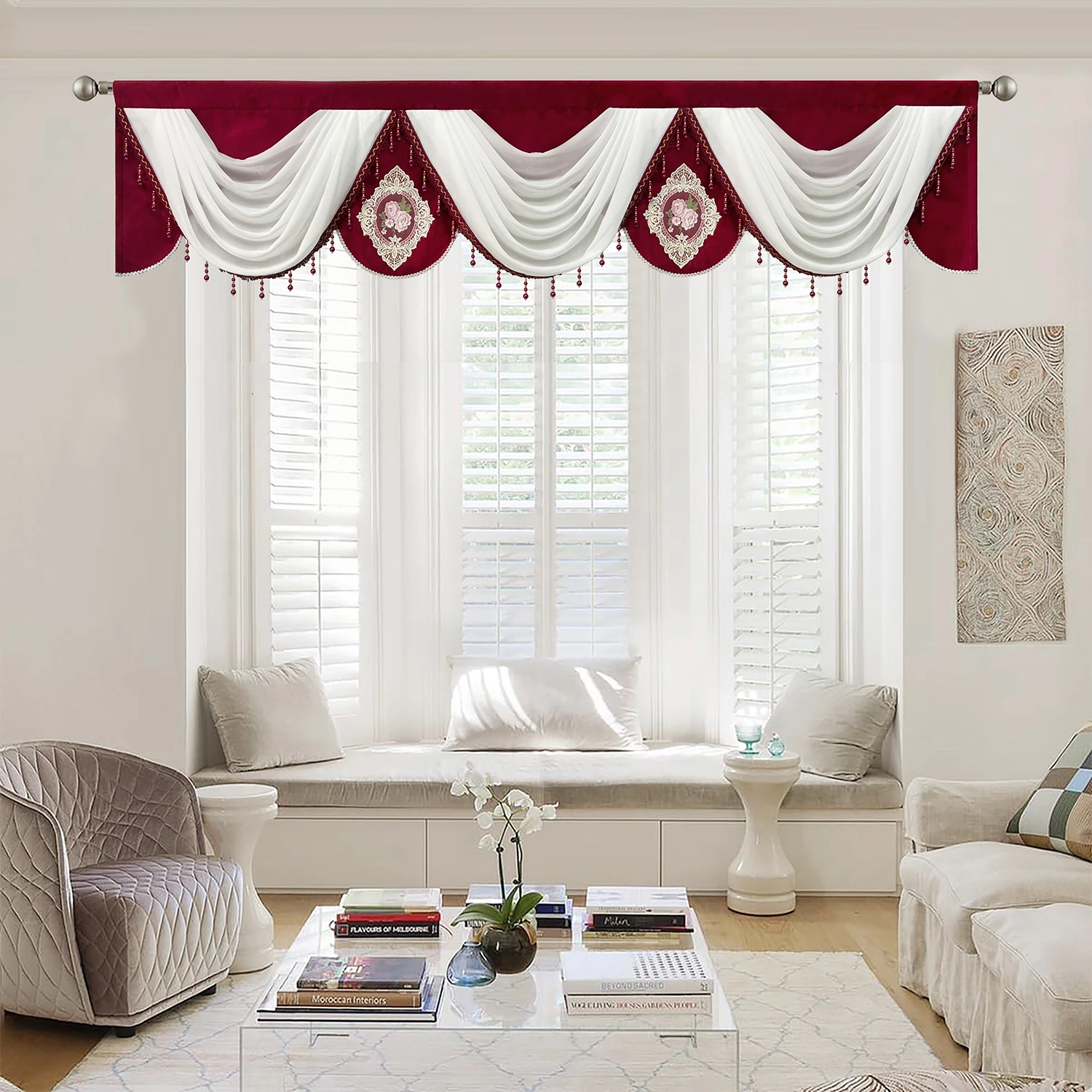 1pc, azul e branco luxo cachoeira valance cortina pendurado para janela de luxo grosso swag com pingente contas janela decoração do quarto