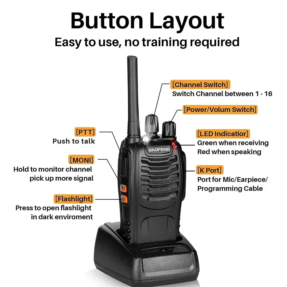 Baofeng-Interphone BF s waltalkie ، UHF kie-MHz ، راديو محمول في اتجاهين ، 16 قناة اتصال ، أصلي ، 1: