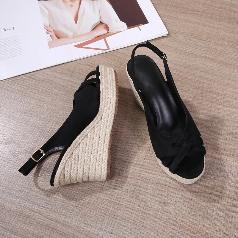 Size 31-44 Straw Wedge Open Toe Sandals Platform Thick-soled Platform High-heeled Women Shoes Summer Black Sandals