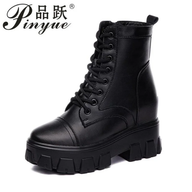 9cm New Women Thick-Soled Leather dermis Boots Casual Women Boots Women Fashion Lace-Up Inner raised ankle boots 34 39