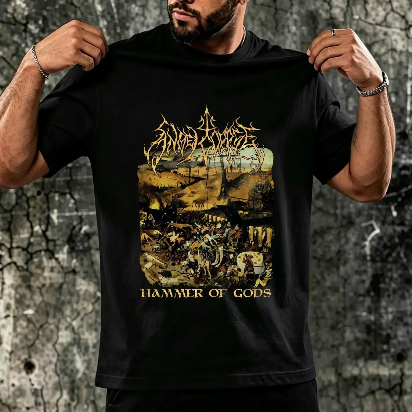 washed T Shirt Angelcorpse 'Hammer Of Gods' Black NEW OFFICIAL long or short sleeves vintage Washed streetwear fashion